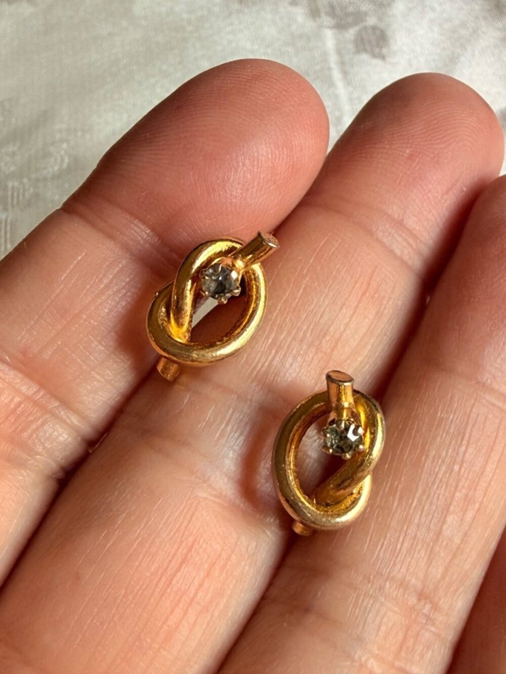 Vintage Monet Gold-Tone Clear Rhinestone Knot Tie Stud Lobe Earrings